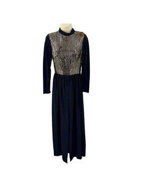 VINTAGE 60'S GOLD SEQUIN BLACK LONG SLEEVE MAXI DRESS RETRO GLAM